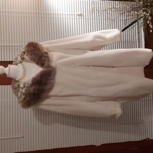 NWT - Dennis Basso 37" Cream Coat with Removable Brown Fur Collar